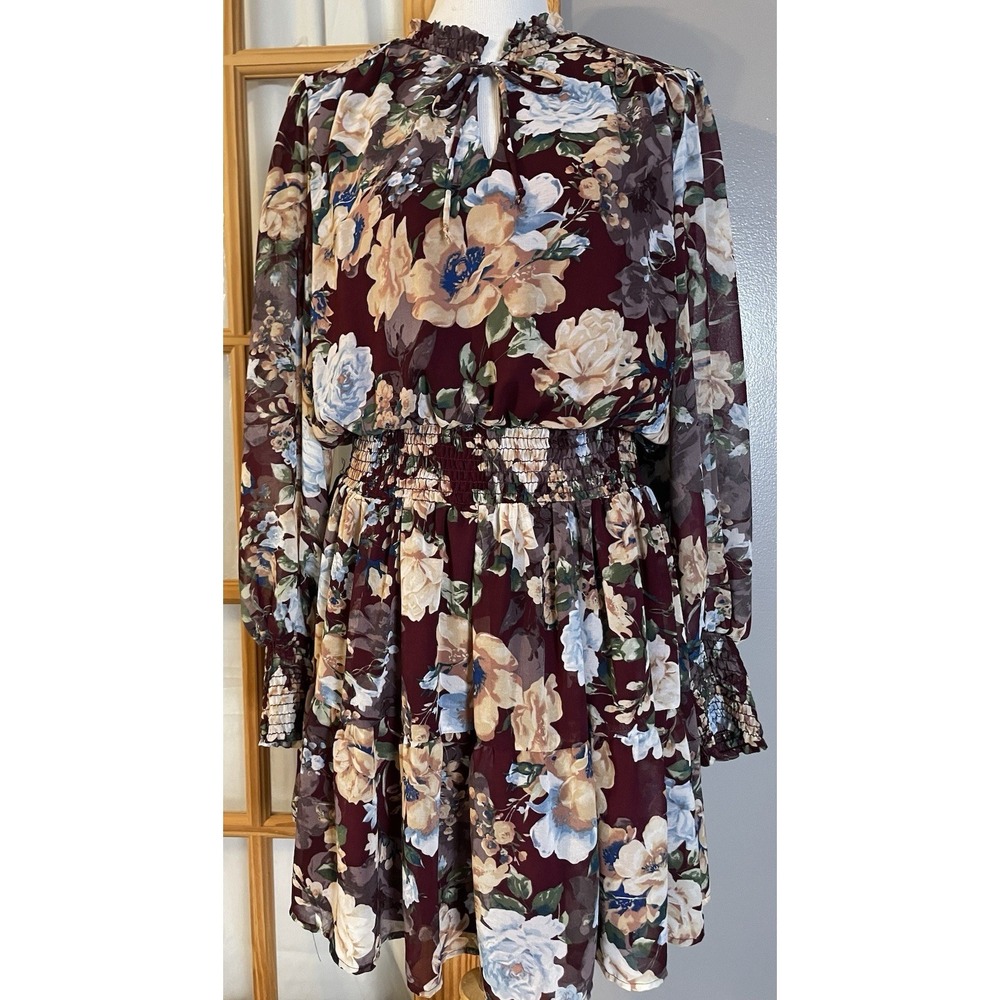 Halogen Floral Blouson Mini Dress XL Burgundy Beige Smocked Long Sleeve Cottage